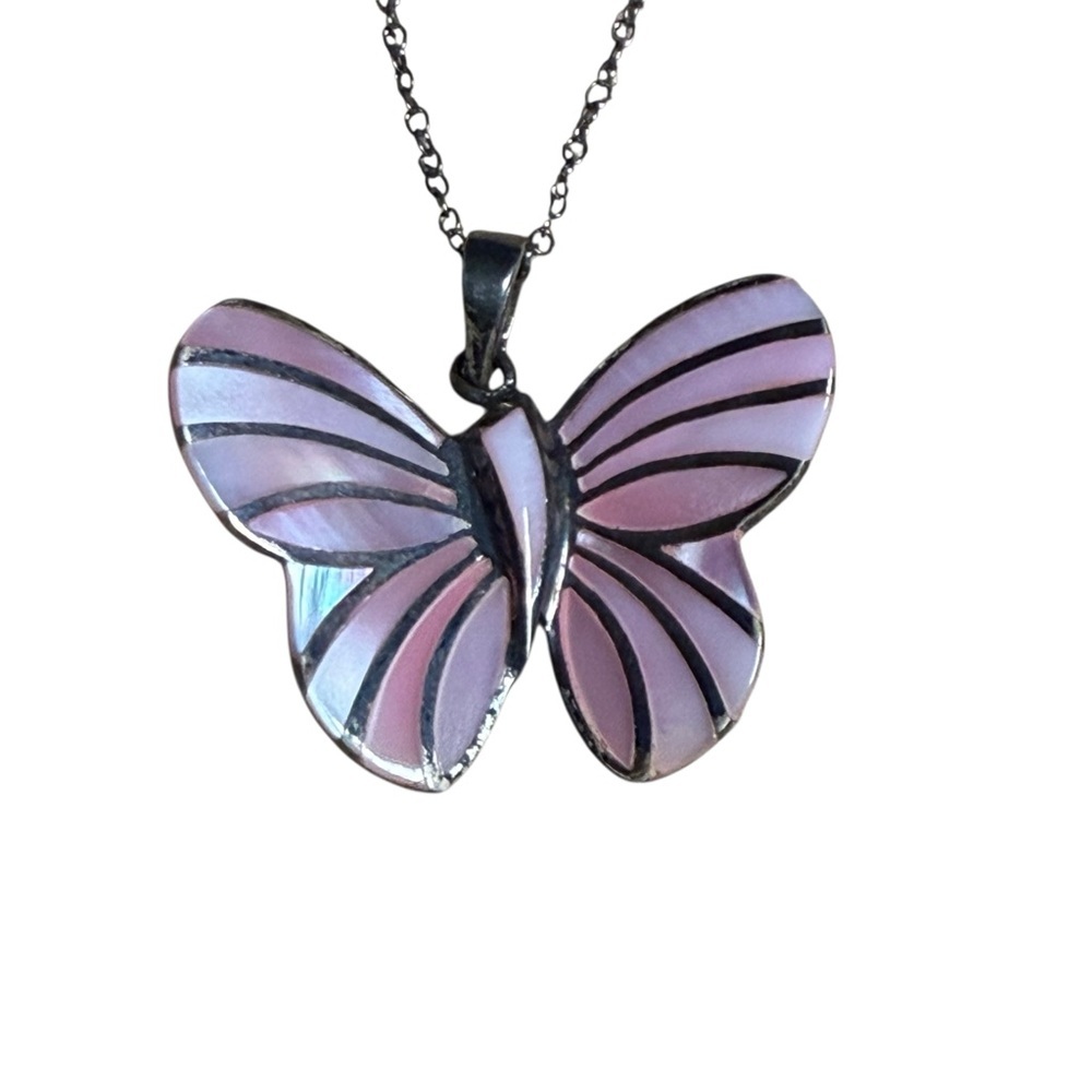 Mother of Pearl Inlayed Sterling Silver Butterfly Pendant on 18” Sterling Chain